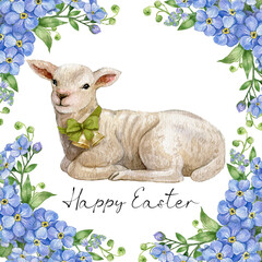 Watercolor cute lamb in blue flower wreath, white sheep illustration,easter lamb, fluffy pet, farmhouse animal. © Fefelova Yana