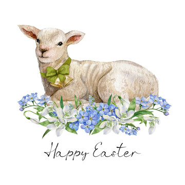 Watercolor cute lamb in blue flower wreath, white sheep illustration,easter lamb, fluffy pet, farmhouse animal.