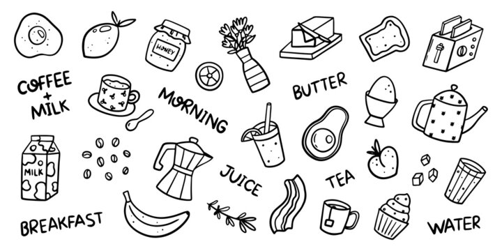 Morning breakfast related doodles such as avocado, toast, egg, coffee, milk, water, honey, butter. Hand drawn outline vector illustration.