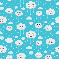 Cute smiling clouds with hanging stars seamless pattern on  blue background. Great for kids textile, baby shower and nursery wall 