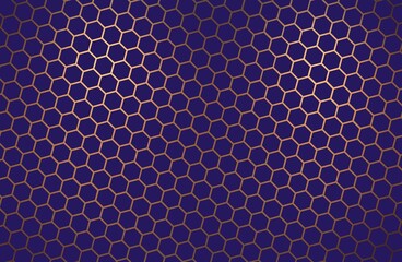 Golden hexagonal grid cover dark blue halftone background. Geometric pattern.