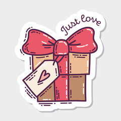 Colorful Valentine's Day doodle style hand-drawn sticker with simple engraving retro effect and quote. Romantic mood cute love symbol and lettering.