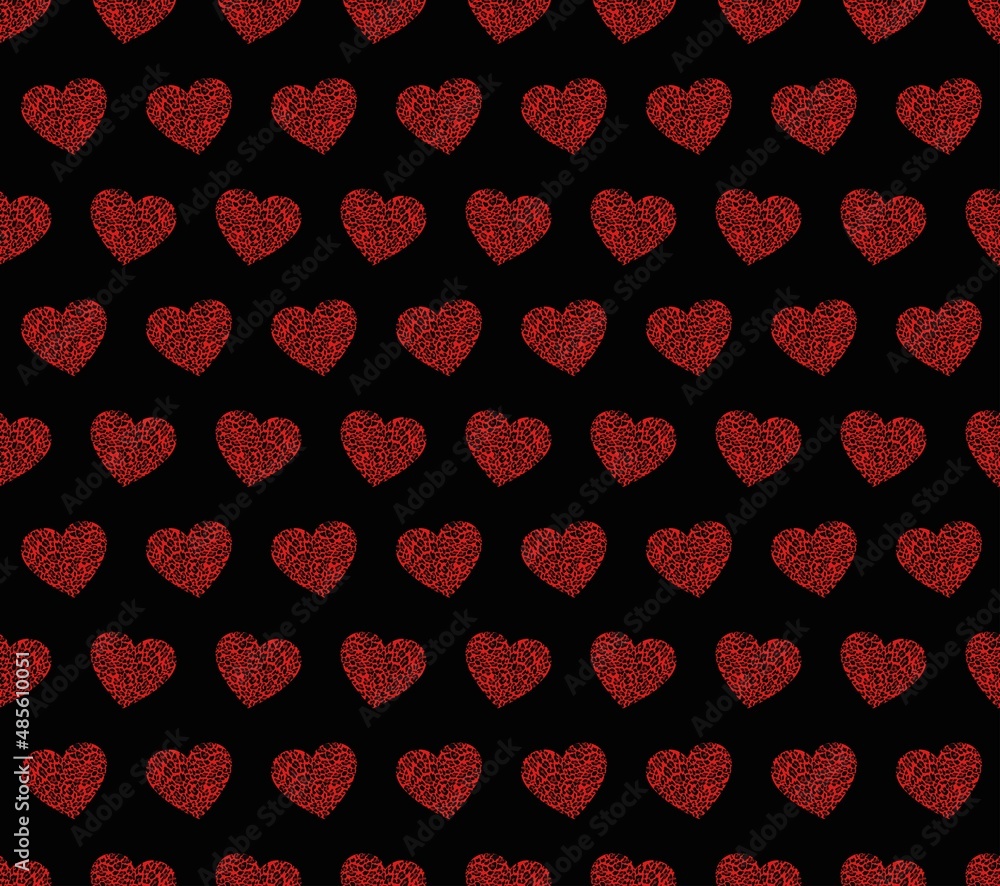 Wall mural red heart seamless pattern black background