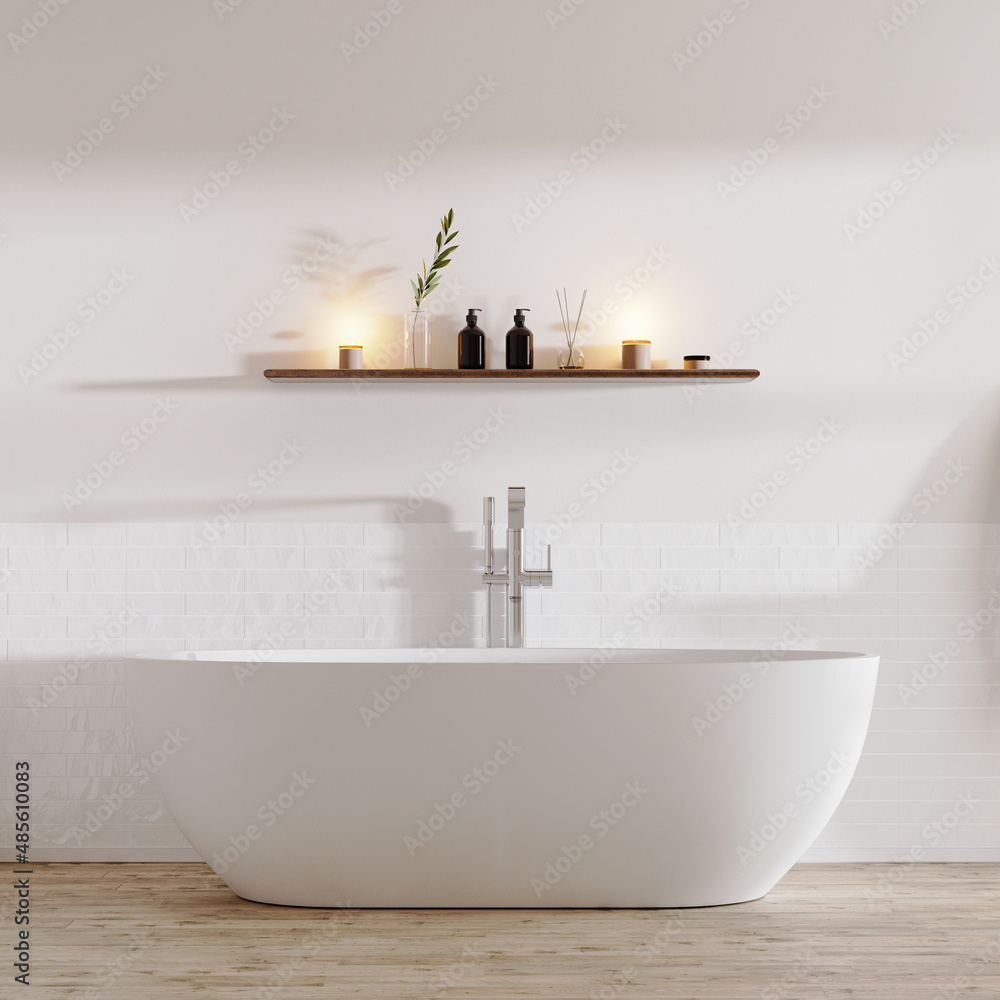 Wall mural modern minimalist bathroom interior with bathtub and shelf with decoration above, 3d rendering