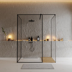 luxury bathroom with shower cabin, 3d rendering - obrazy, fototapety, plakaty