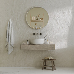 sink with mirror on wooden stand with bath accessories, toothbrushes and towel, 3d rendering