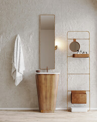 bathroom interior with decorative plaster wall, wooden furniture, mirror with sink, decorative ladder, 3d rendering
