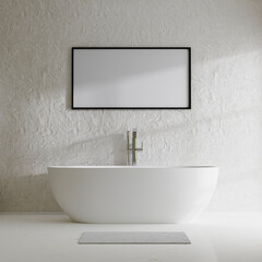picture frame mock up in modern bathroom with bathtub and decorative concrete wall with sunlight shadow, 3d rendering