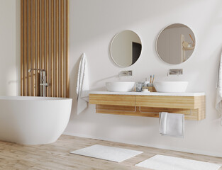 modern bathroom with wooden details and white wall, bathtub and double sink with cabinets, towels, bath accessories, 3d rendering © Oleksandr