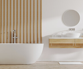 White and light wood bathroom interior with bathtub and sink with cabinets, round mirror, bath accessories, 3d rendering