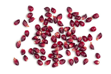 Purple corn or maize seeds isolated on white background with clipping path and full depth of field. Top view. Flat lay