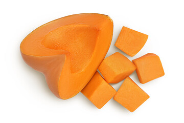 Fresh orange pumpkin isolated on white background with clipping path and full depth of field. Top view. Flat lay