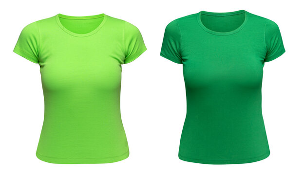 T-shirt green women mockup as design template. Female Tee Shirt blank isolated on white. Front view.