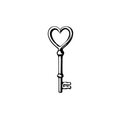 Vector illustration of key in heart icon blak and white
