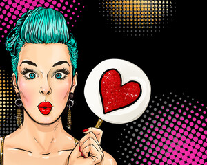 Fashion illustration of girl holding the plate with heart or lollipop.Pop art style. Party invitation or Birthday greeting card design. Advertising poster of amazed woman - 485611275