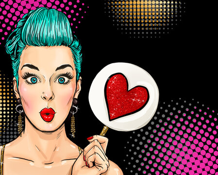 Fashion illustration of girl holding the plate with heart or lollipop.Pop art style. Party invitation or Birthday greeting card design. Advertising poster of amazed woman
