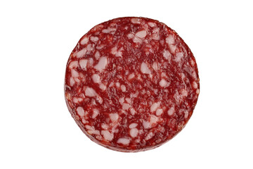 Smoked sausage salami slice isolated on white background with clipping path and full depth of...