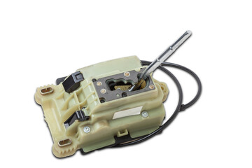 Spare part on a white isolated background in a photo studio for sale at an auto-parsing or replacement in a car service center - Automatic transmission selector gear lever with plastic elements.