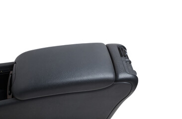 Plastic element of car interior is covered in black leather - armrest or a glove compartment - spare part with air conditioning holes on a white background. Catalog for site