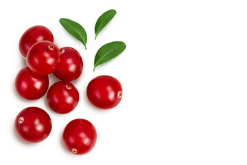 Cranberry with leaves isolated on white background with clipping path and full depth of field. Top view with copy space for your text. Flat lay