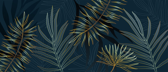 Luxury botanical background with golden tropical leaf and minimalist palms for wall decoration or wedding. Hand drawn line style, elegant leaves for invitation save the date card. Botanical rustic