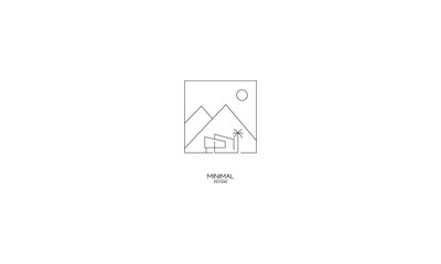 A line art icon logo of a mountain, house, tree and sun.