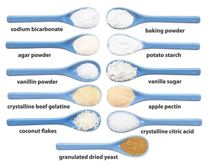 blue ceramic spoon with various cooking additives