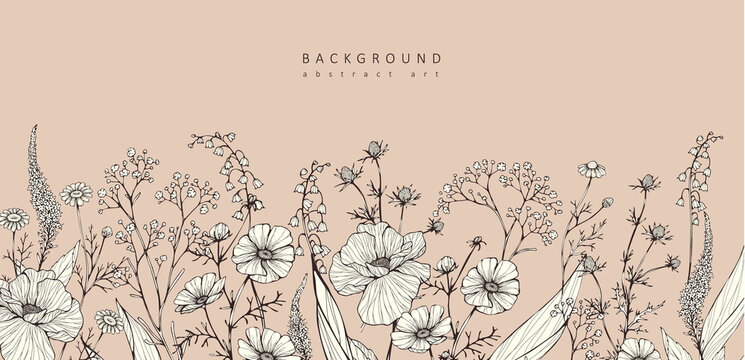 Luxury botanical background with trendy wildflowers and minimalist flowers for wall decoration or wedding. Hand drawn line herb, elegant leaves for invitation save the date card. Botanical rustic