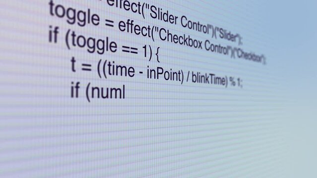 Program code type and scrolls on the computer screen with shallow DOF, close up pixel detail 4K animation.