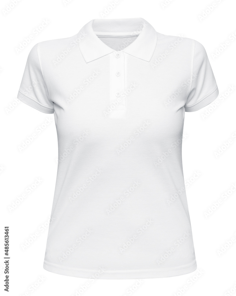 Poster Woman white polo shirt isolated on white. Mockup female polo t-shirt front view with short sleeve - Posters