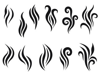Scent logo collection. Heat vapor symbols. Water steam evaporation, cigarette smoke, flame logo icons.  Coffee aroma symbols. Cooking flavors set