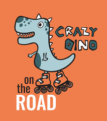 Skating Crazy Dino Print on Orange Background For Kidswear and other uses
