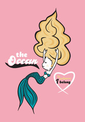 Cute Blonde Mermaid Print on Pink Background for Kidswear and Other uses