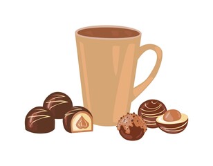 Chocolate sweets with a cup of tea or coffee. Vector illustration isolated on white background. For postcards, invitations, shop, cafe, banner, advertising.