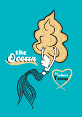 Cute Mermaid Print on Teal Background for Kidswear and Other uses