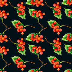 seamless watercolor pattern with red viburnum berries on branches with green leaves.