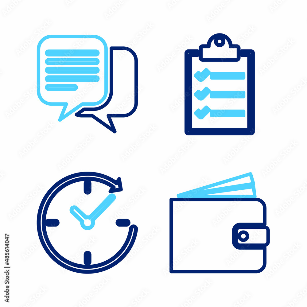 Poster set line wallet, clock with arrow, clipboard checklist and chat icon. vector