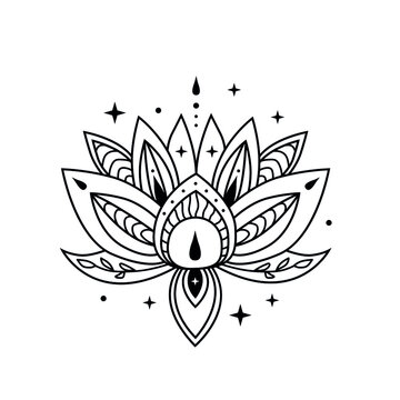 Lotus flowers with moon and stars, outline vector blooming lotus. Lotus logo design. Lotus spiritual design  isolated on white background