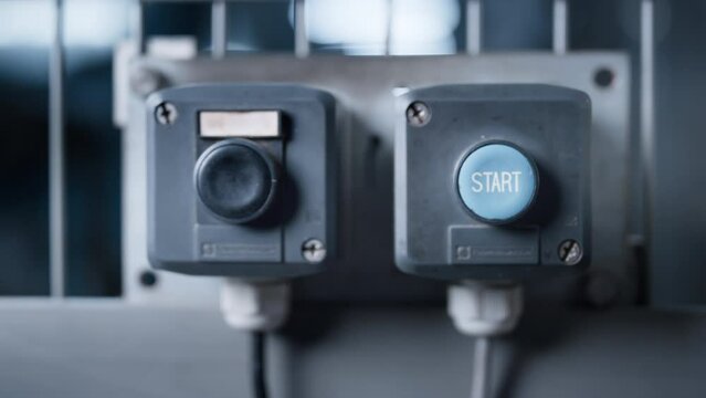 Factory machine stop button on technological manufacture automat panel closeup