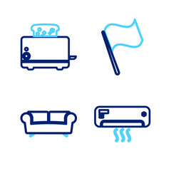 Set line Air conditioner, Sofa, Flag and Toaster with toasts icon. Vector