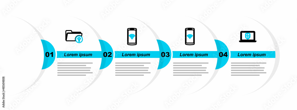 Poster set line server with shield, speakers, earth globe and upload file icon. vector