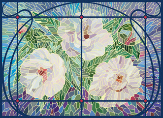 Stained glass flowers. White peonies in a modern style frame. colored mosaic