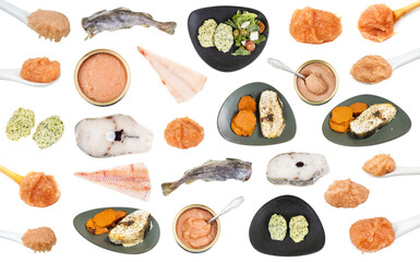 set of various foods from cod fish isolated