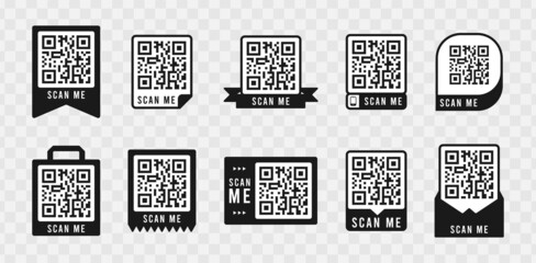 Qr code frame set. Template of frames for QR code with text - scan me. Quick Response codes for smartphone, mobile app, payment and discounts. Vector illustration.