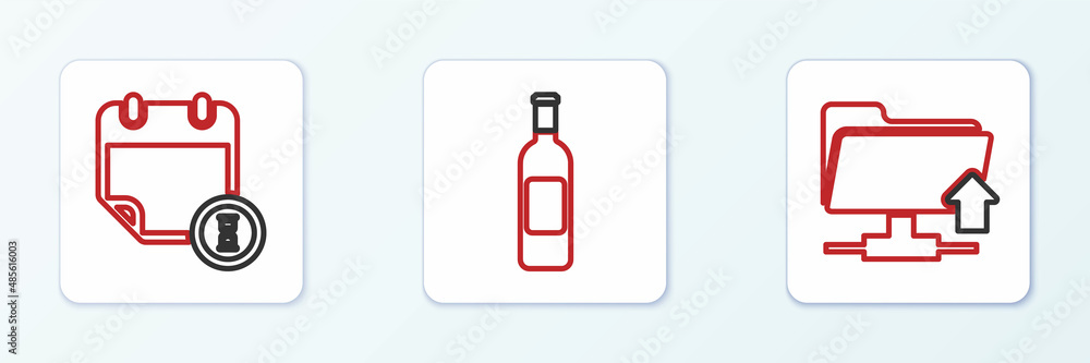 Poster set line ftp folder upload, calendar and clock and bottle of wine icon. vector