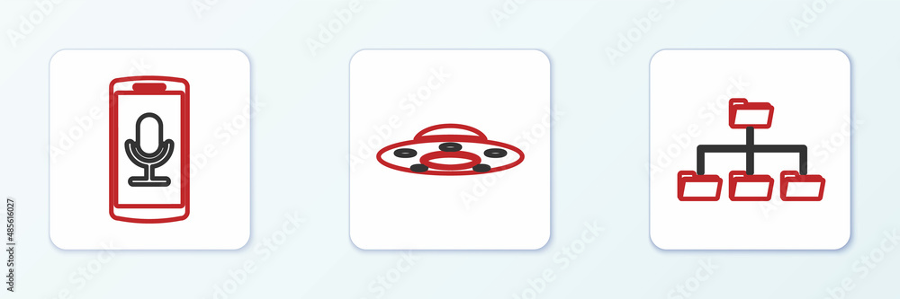 Poster set line folder tree, mobile recording and ufo flying spaceship icon. vector