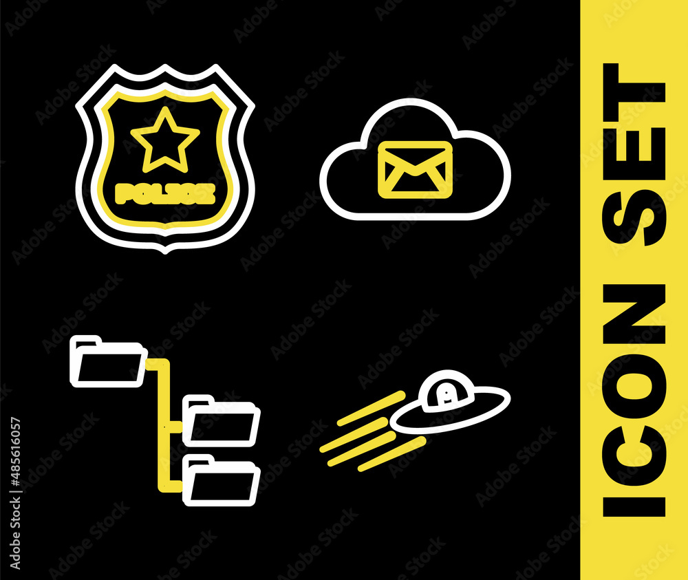 Poster set line cloud mail server, ufo flying spaceship and alien, folder tree and police badge icon. vecto