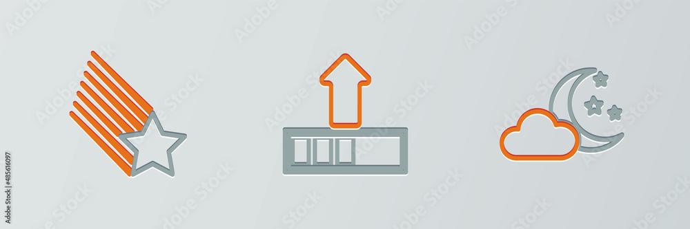 Aufkleber set line cloud with moon and stars, falling and loading icon. vector