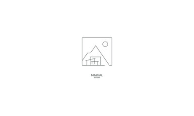 A line art icon logo of a mountain, house and sun.