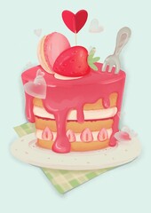 Fresh strawberry cake on a cute round plate that sits on a green checkered napkin. Dessert with lots of sweet pink icing. Garnished with cake macaroon, a large juicy strawberry with a green tail.